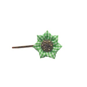 Hair Clip Green Check - Rose Button - S